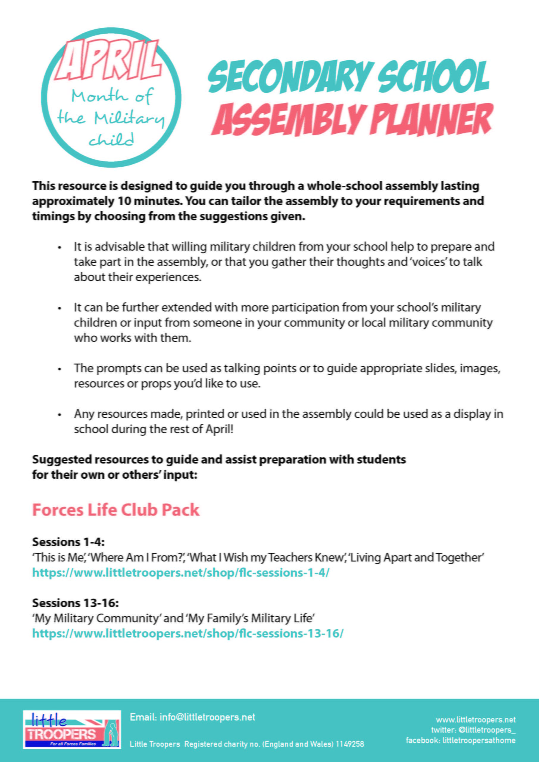 April Secondary Assembly Planner Little Troopers