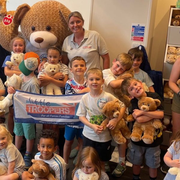 Louise Fetigan, founder of Little Troopers with children at Build-A-Bear Windsor